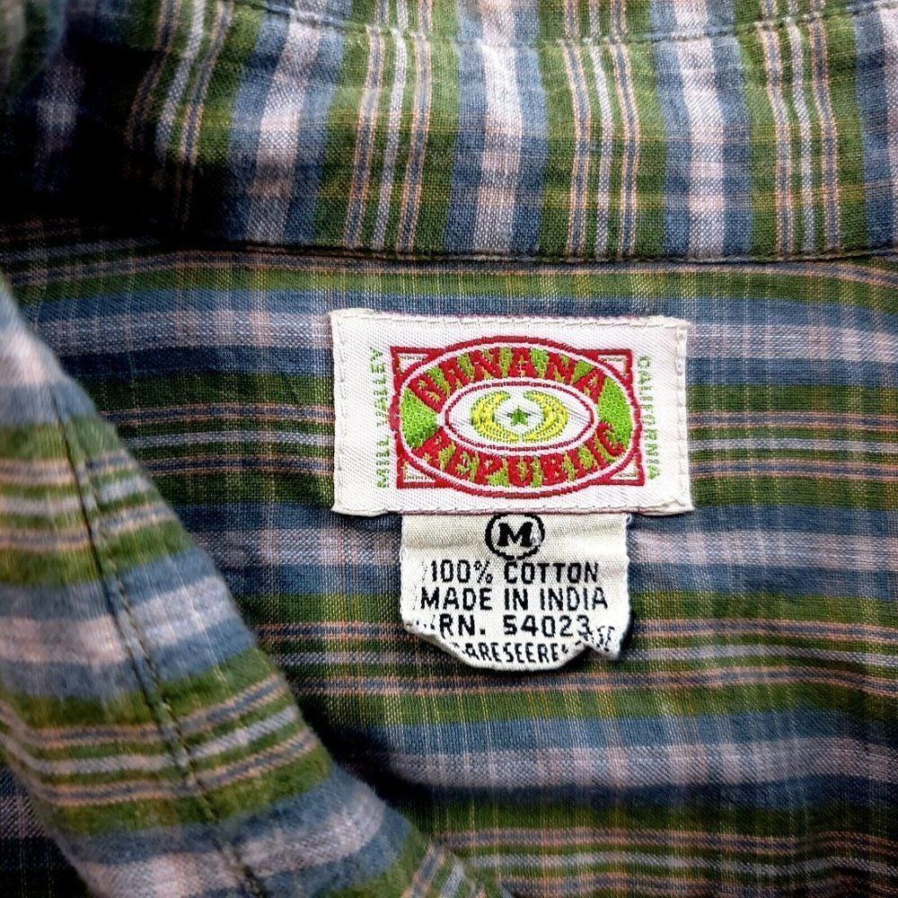 Banana Republic Green Plaid Medium Cotton Pocket Front Collared Dress‎ Shirt - Picture 9 of 9